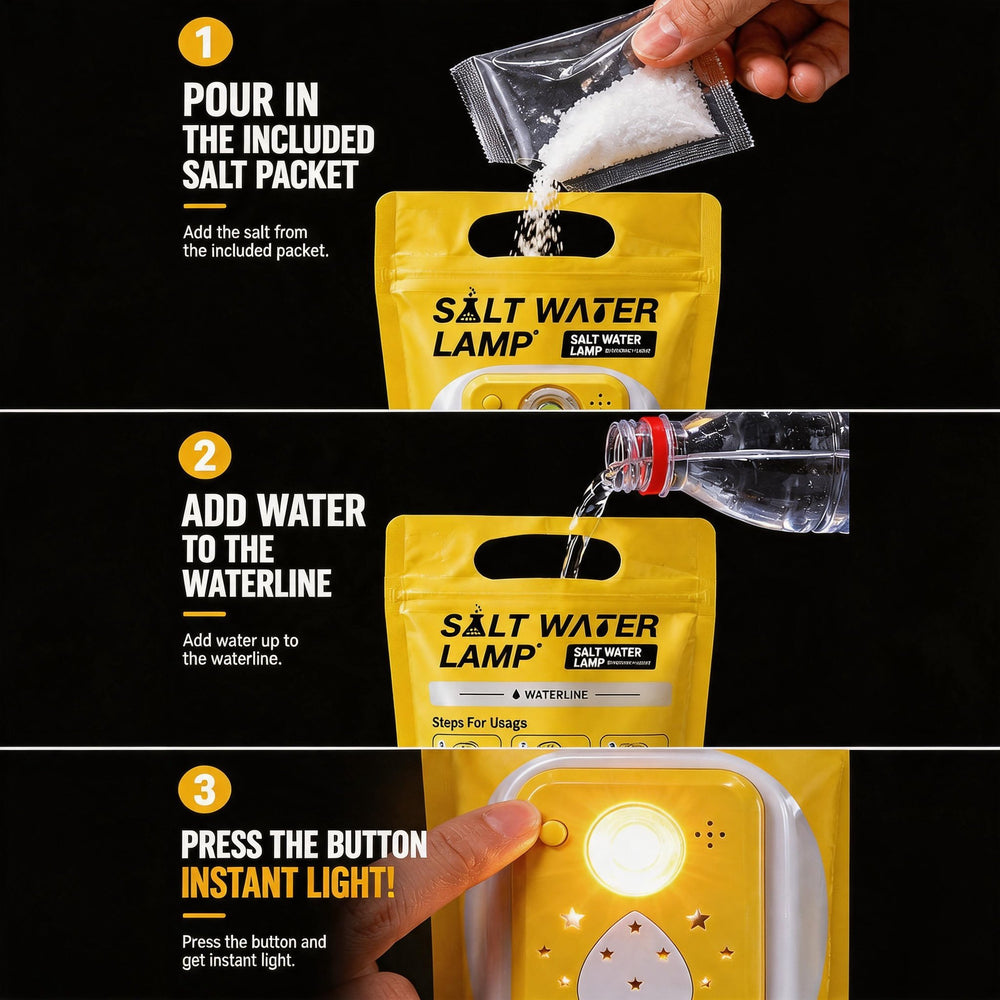 Step 1: pour in salt. Step 2: add water. Step 3: press button for instant light.